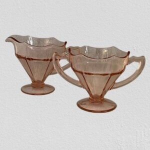ANTIQUE Liberty Works Egg Harbor Pink Depression Glass Cream & Sugar Service Set
